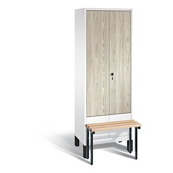 Garderobekast met voorgebouwde zitbank en naar elkaar toeslaande houten deuren S3500 Evolo