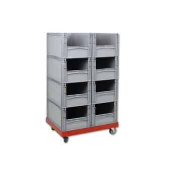 Magazijnwand met 8 kunststof Euronorm bakken met uitpakopening