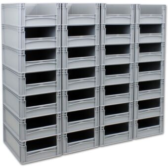 Magazijnwand met 28 kunststof Euronorm bakken met uitpakopening-Nee-1600-1480-220-Uitpakopening
