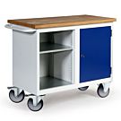 Kleine verrijdbare werkbank met open vak met legbord en kast met deur Kleine verrijdbare werkbank met open vak met legbord en kast met deur