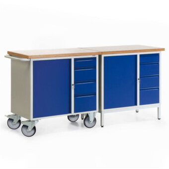 Kleine verrijdbare werkbank met 2 kasten met deur
